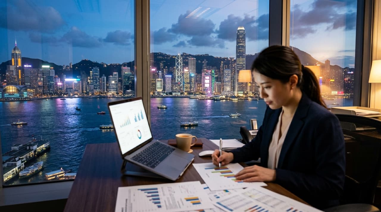 辦公桌上嘅市場數據圖表,背景係黃昏香港天際線