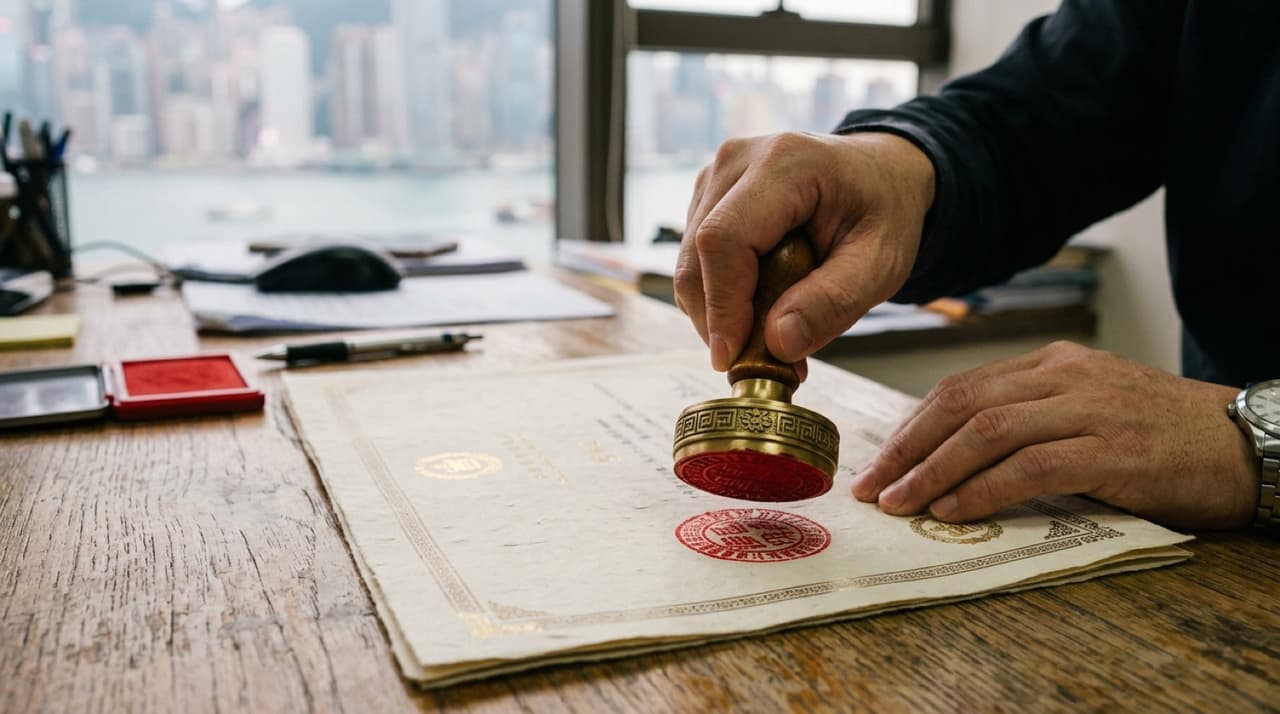 手持公司印章喺證書文件上蓋紅印,窗外係維港景