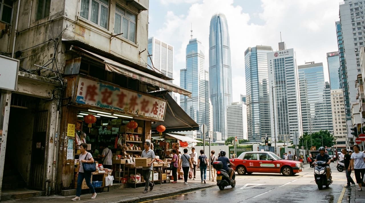 香港街景,前景小店舖後面係現代商業大廈