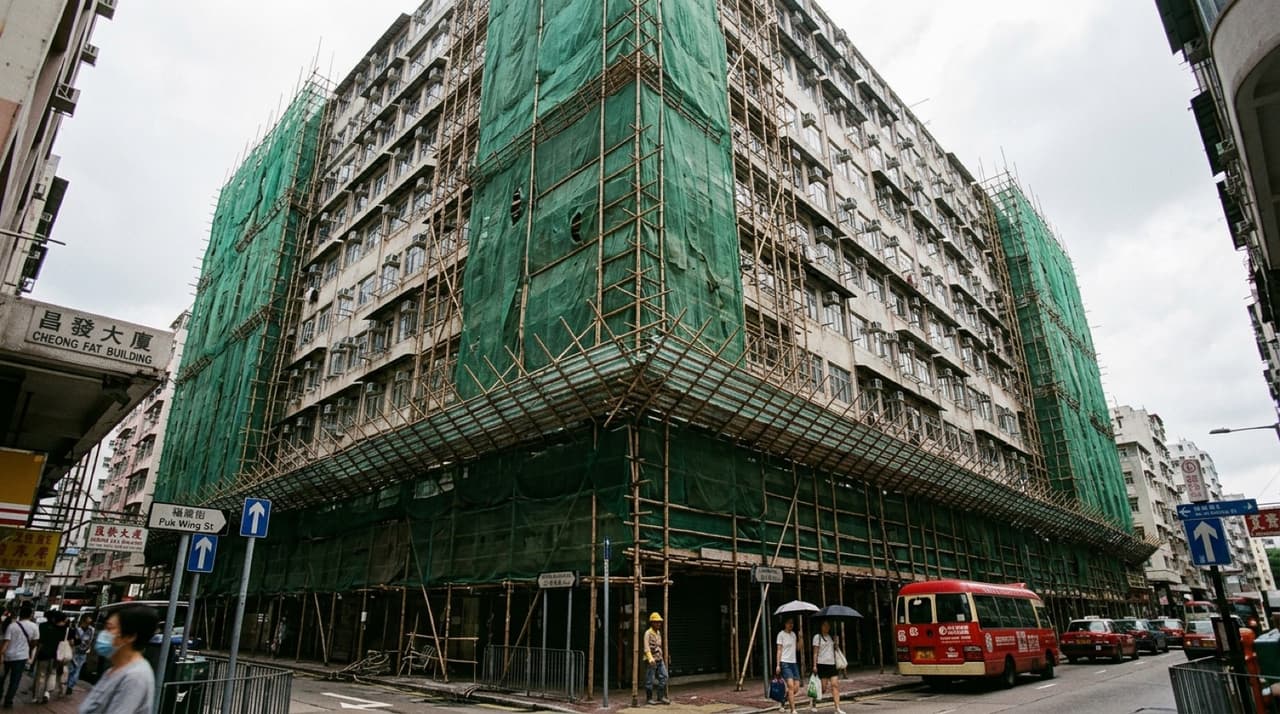 香港住宅大廈維修中,外牆圍滿竹棚同綠色圍網